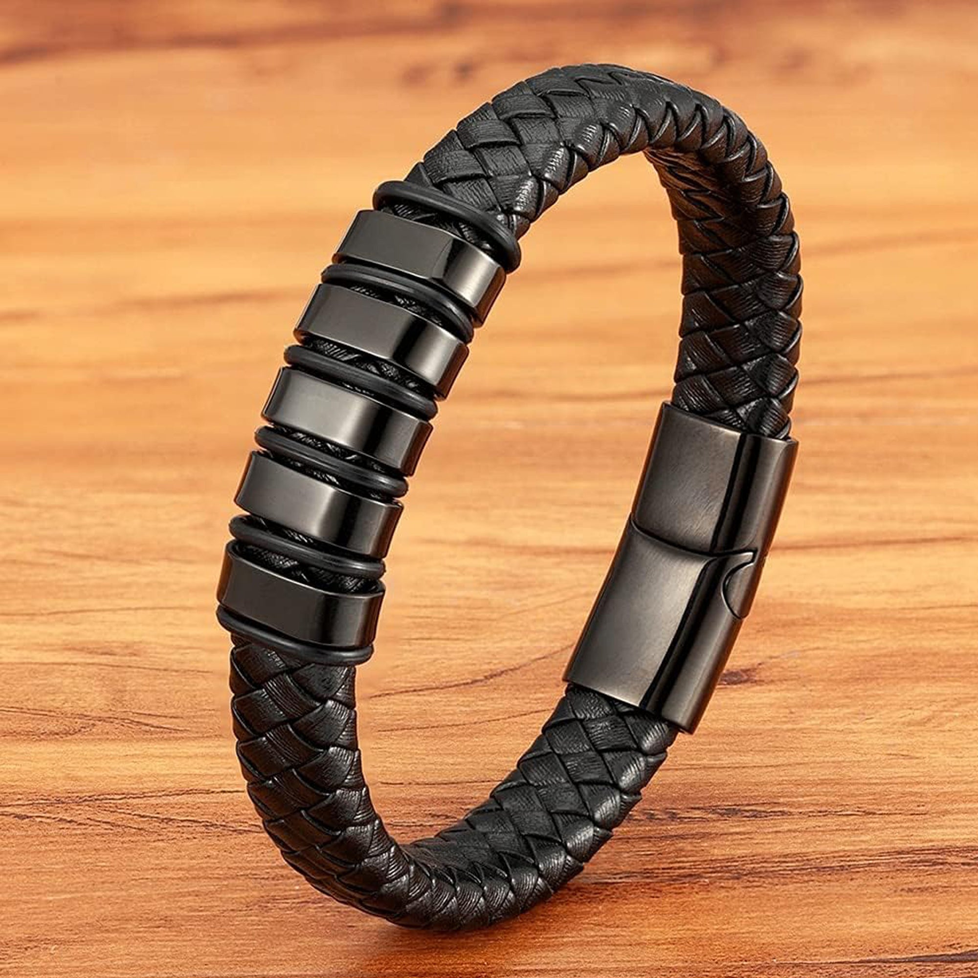 Jazz and Sizzle Men Leather Black-Plated Wraparound Bracelet