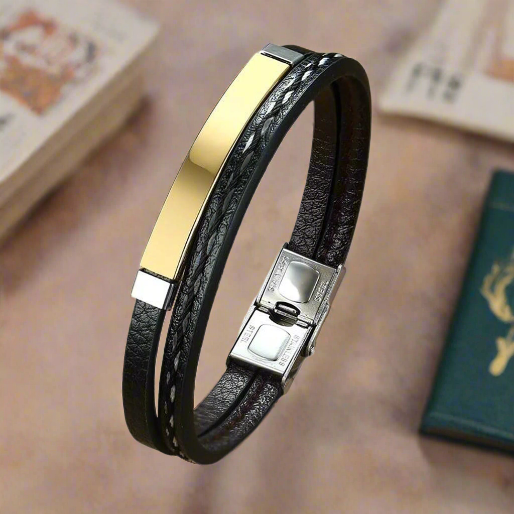 Jazz and Sizzle Men Leather Gold-Plated Kada Bracelet