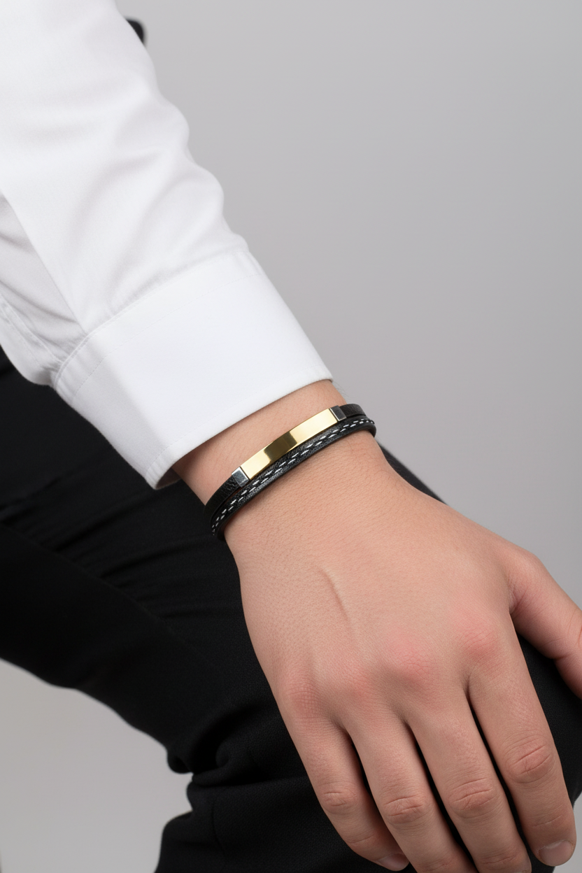 Jazz and Sizzle Men Leather Gold-Plated Kada Bracelet