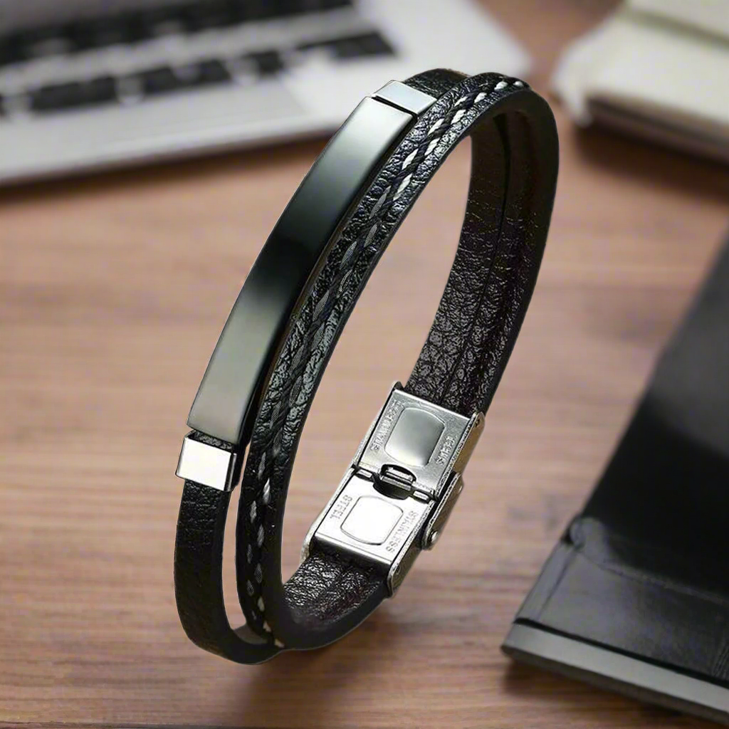 Jazz and Sizzle Men Leather Silver-Plated Wraparound Bracelet