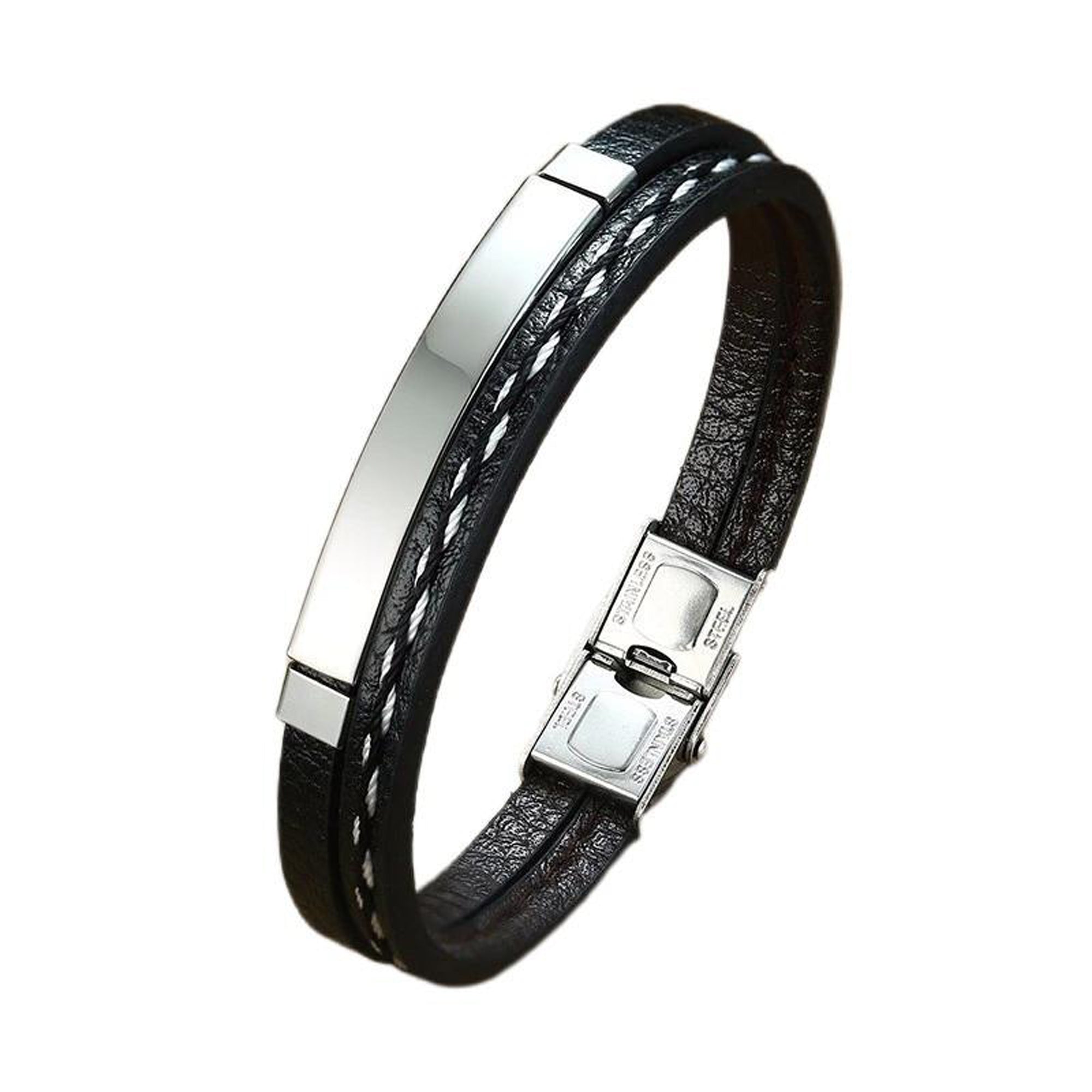 Jazz and Sizzle Men Leather Silver-Plated Kada Bracelet
