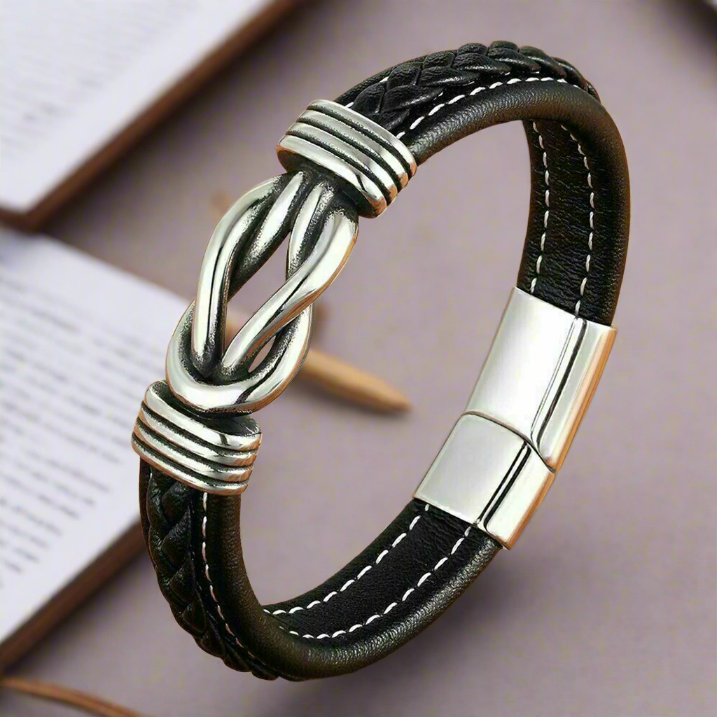 Jazz and Sizzle Men Black & Silver-Toned Oxidized Bangle-Style Bracelet and Black Leather Cuff Bracelet Combo