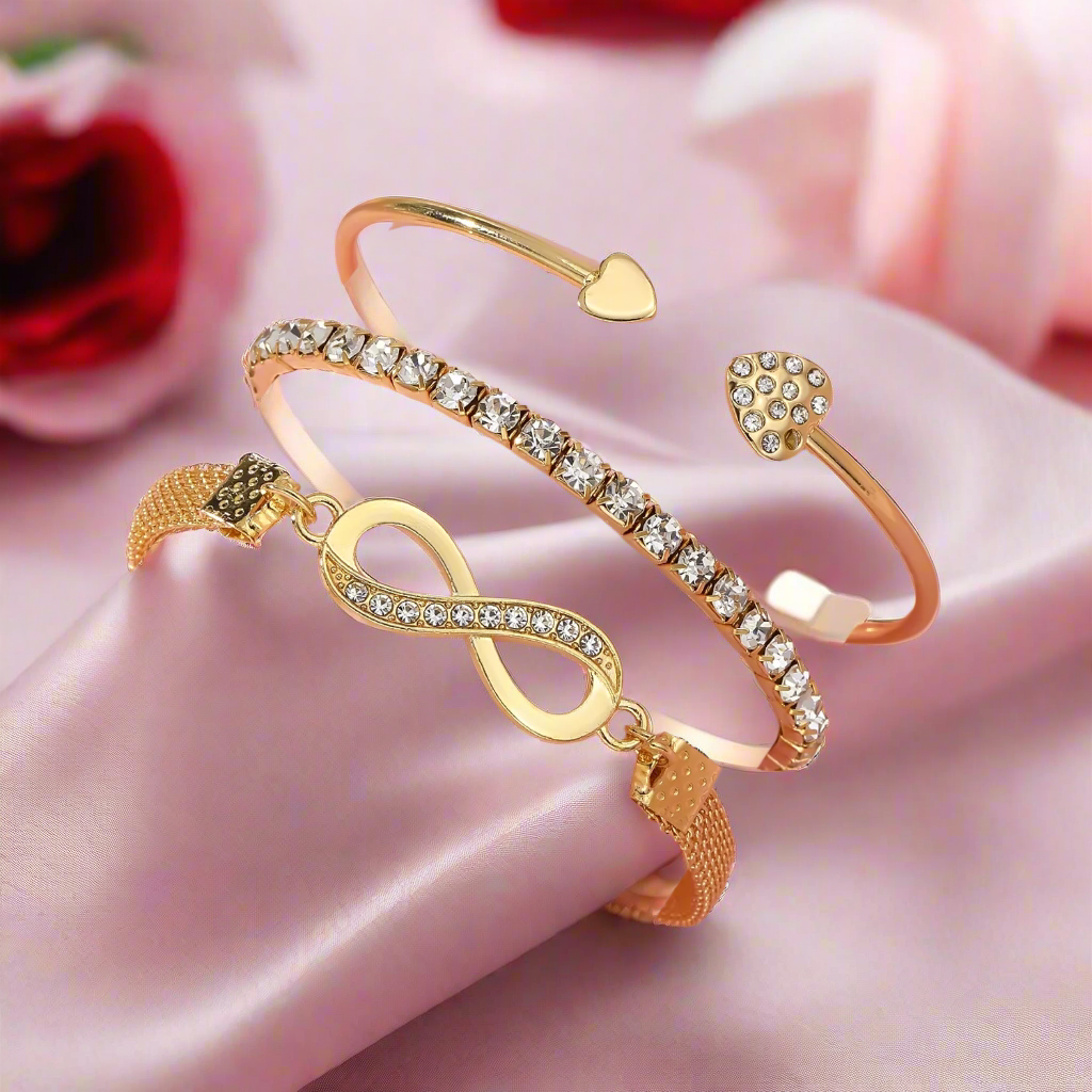 Jazz And Sizzle Set of 3 Gold Plated CZ Studded Infinity & Heart Shaped Stacking Bracelet for Valentines Gift