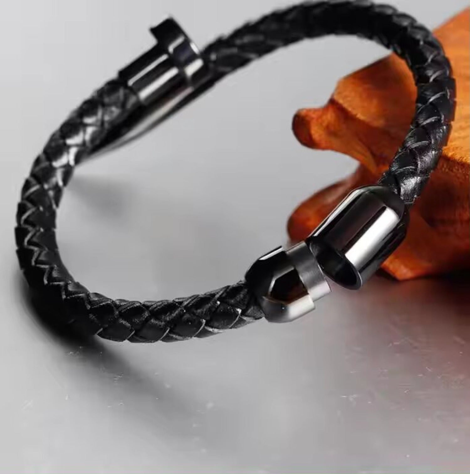 Jazz and Sizzle Men Black Leather Cuff Bracelet