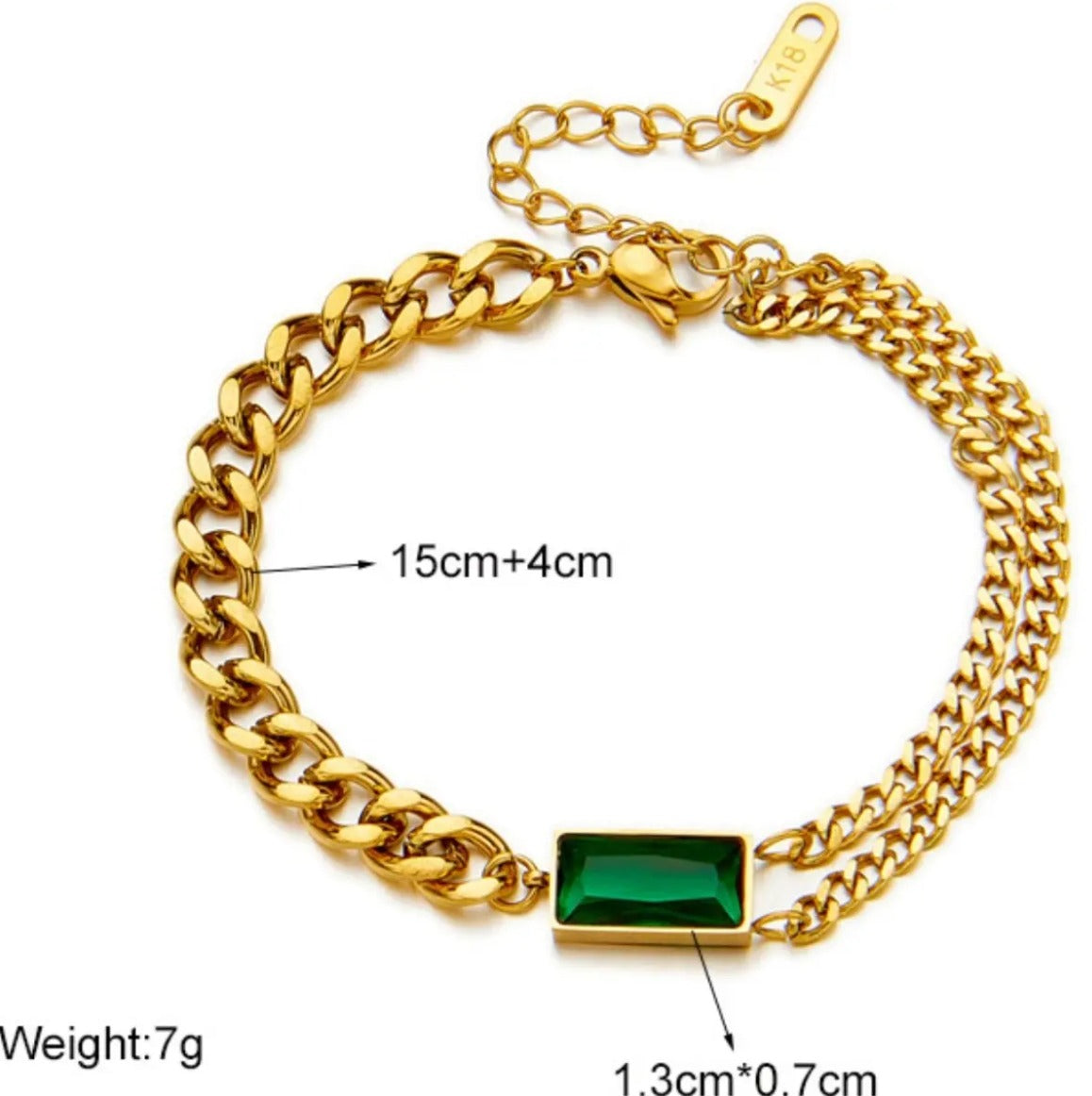 Jazz And Sizzle Gold Plated Green Stone Studded Stainless Steel Chain Bracelet