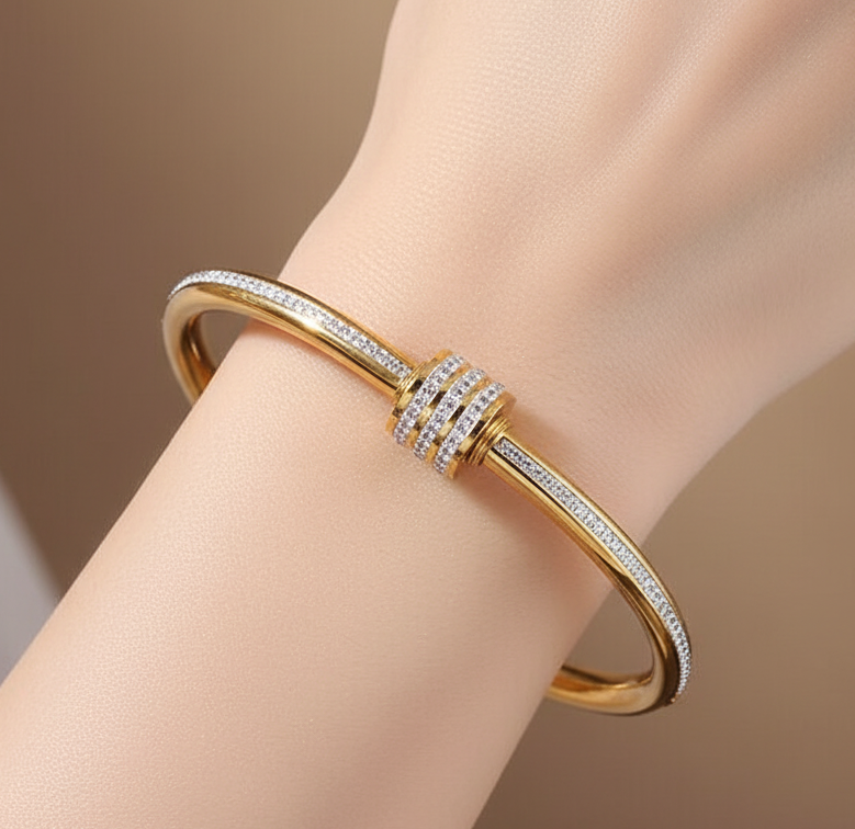 Jazz And Sizzle Gold Plated AD Studded Stainless Bangle Style Bracelet