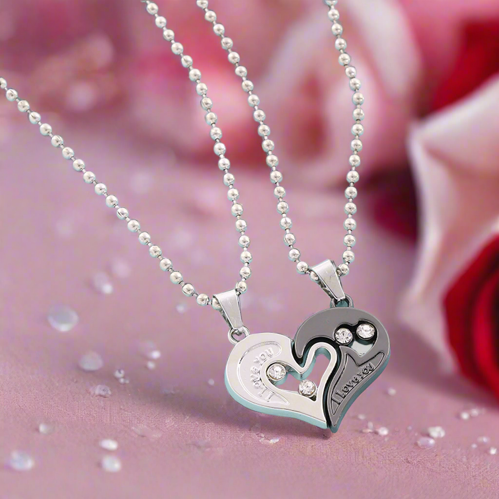 Jazz And Sizzle Lover's Valentine Special Broken Two Half Heart Shape Love Pendant Locket Necklace Chain For Valentine Gift for Him & Her