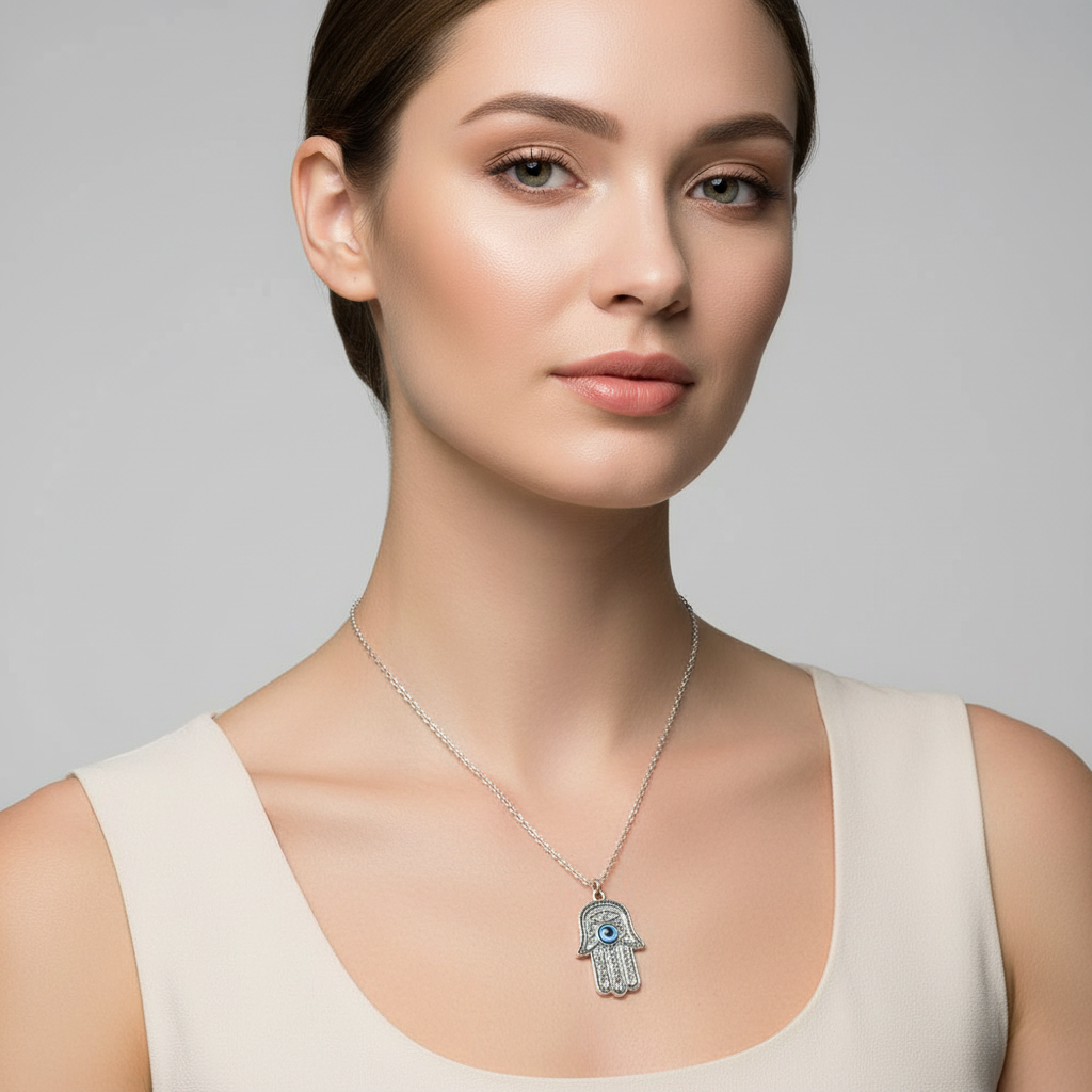 Jazz And Sizzle Silver Plated Hamza Evil Eye Pendant Chain Necklace for Him & Her