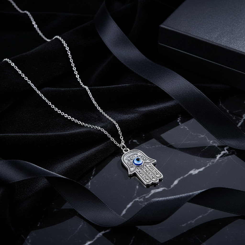 Jazz And Sizzle Silver Plated Hamza Evil Eye Pendant Chain Necklace for Him & Her