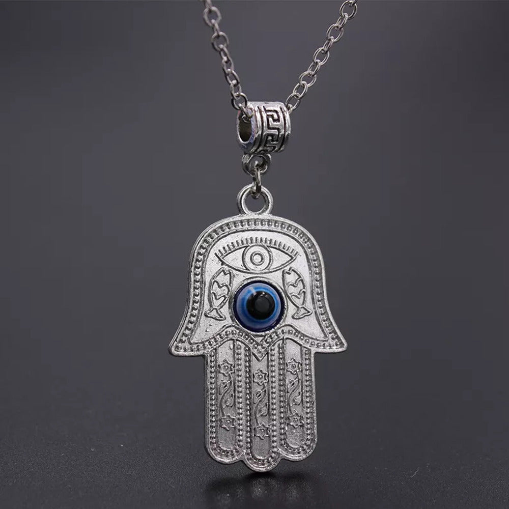 Jazz And Sizzle Silver Plated Hamza Evil Eye Pendant Chain Necklace Valentine Gift for Him & Her