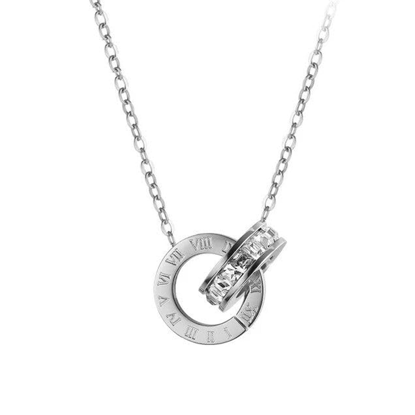 Jazz And Sizzle Silver Plated & Cubic Zirconia Interlocked Ring Design Pendant Chain Necklace for Valentines Gift