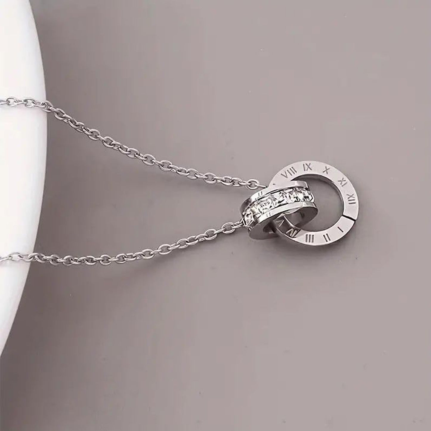 Jazz And Sizzle Silver Plated & Cubic Zirconia Interlocked Ring Design Pendant Chain Necklace for Valentines Gift