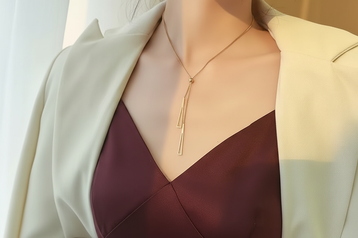 Jazz and Sizzle Gold Plated Stainless Steel Triangle Tassel Pendant Chain Necklace