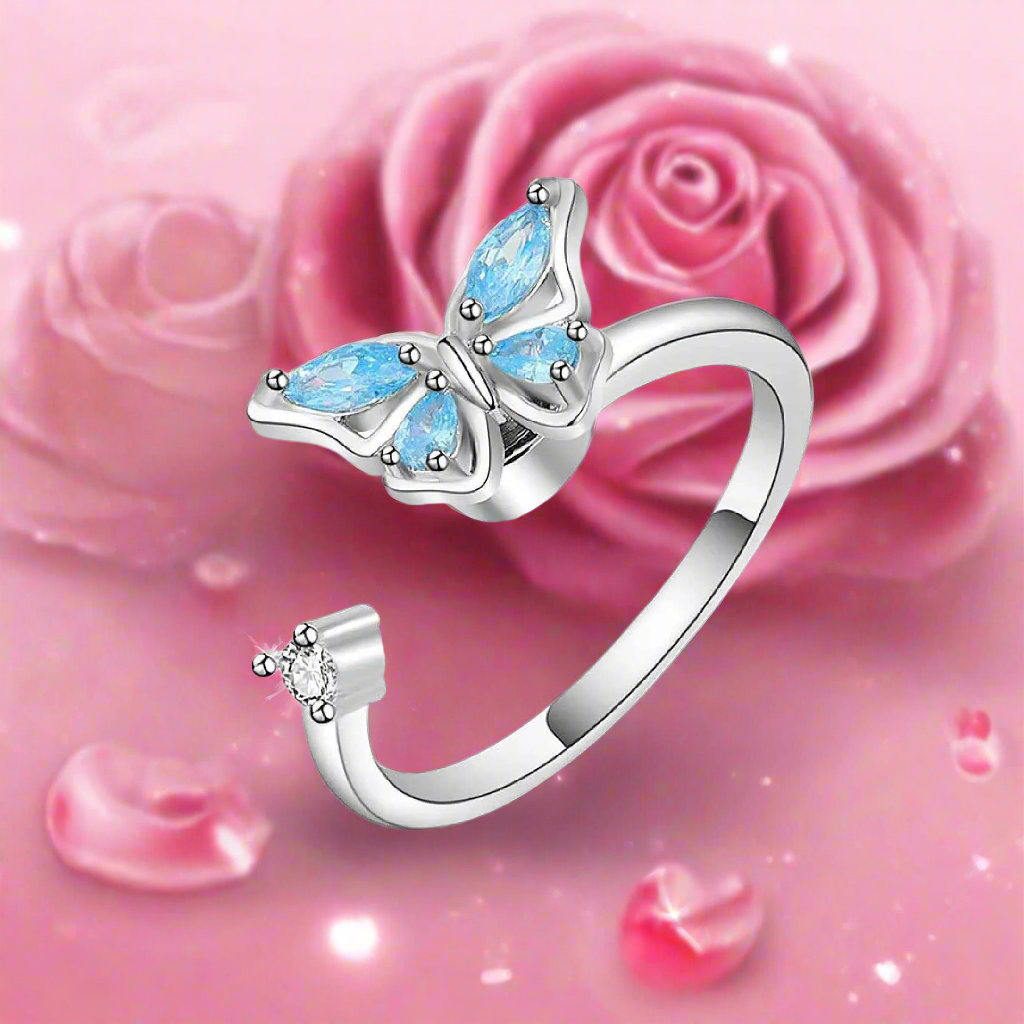 Jazz And Sizzle Silver Plated Blue Stone & Butterfly Shaped Ring for Valentines Gift