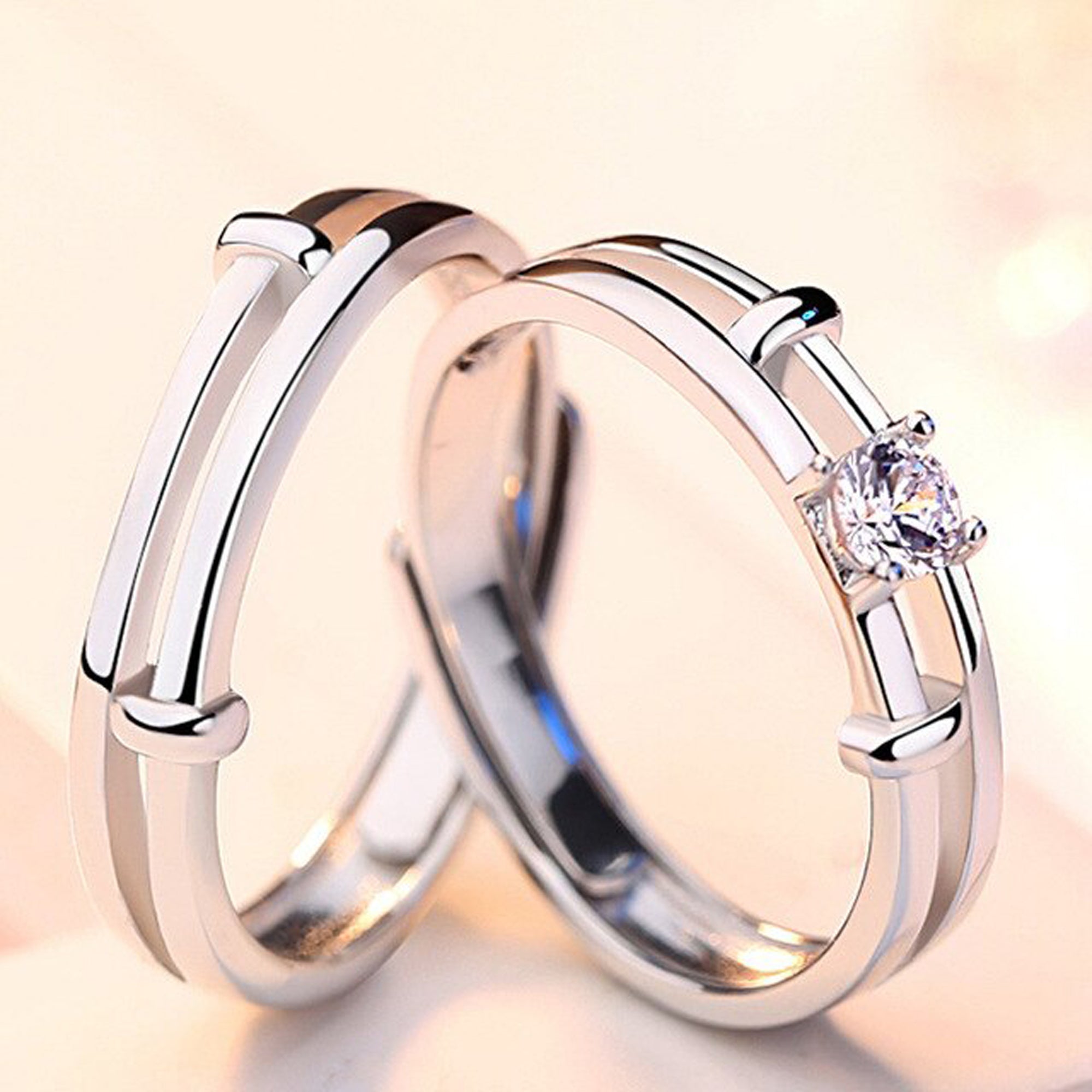 Jazz And Sizzle Set of 2 Silver Plated AD Studded Adjustable Couple Ring for Valentines Gift