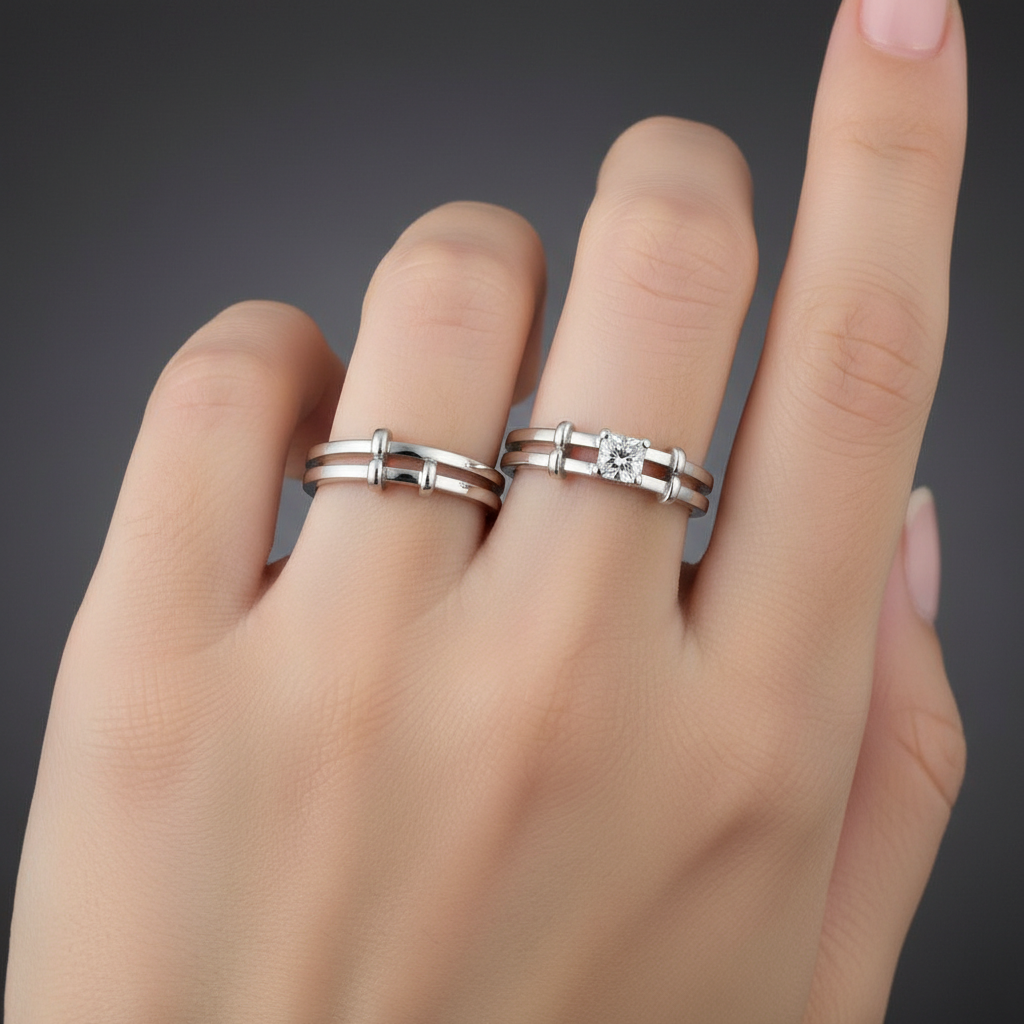 Jazz And Sizzle Set of 2 Silver Plated AD Studded Adjustable Couple Ring for Valentines Gift
