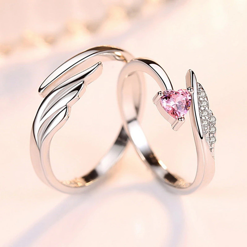 Jazz And Sizzle Set of 2 Silver Plated Pink Heart AD Studded Adjustable Couple Ring for Valentines Gift