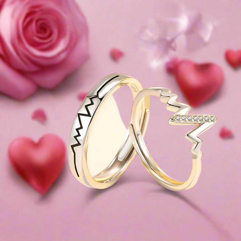 Jazz And Sizzle Set of 2 Silver Plated Heartbeat Adjustable Couple Ring for Valentines Gift