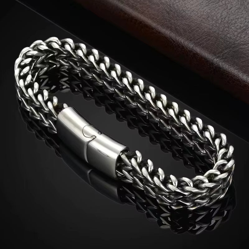 Jazz And Sizzle Men's Heavy Punk Double Curb Cuban Rombo Silver Chain Bracelet