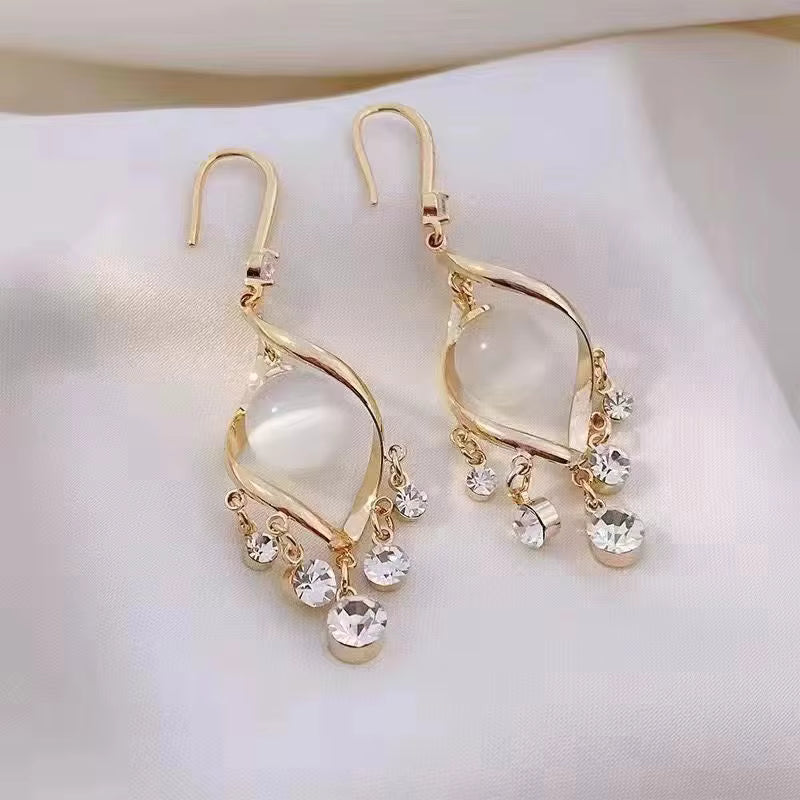 Jazz And Sizzle Stylish Gold Bow Stud Long Chain Earrings with White Flower Drop