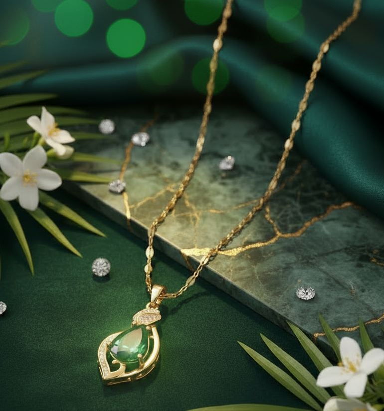 Jazz And Sizzle Gold Plated Green Teardrop Crystal Pendant Necklace for Women