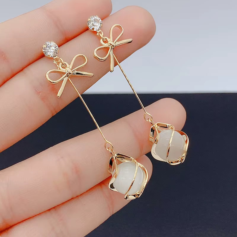 Gold Plated Bow Knot Long Drop Earrings with White Flower Pearl Charm for Women & Girls