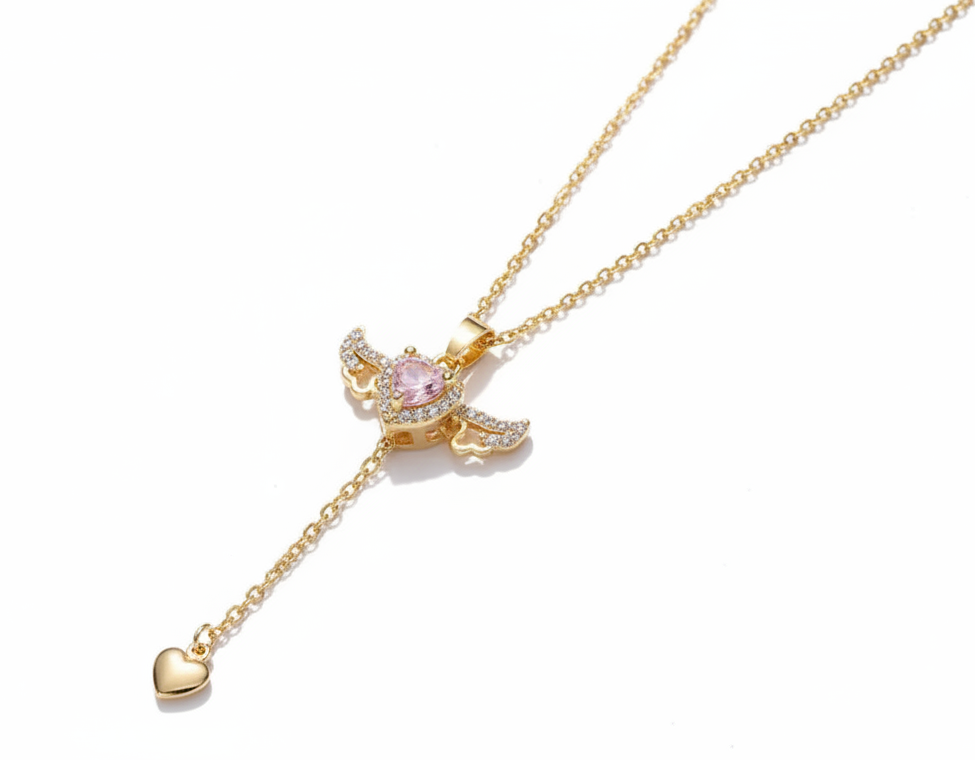 Jazz And Sizzle 18k Gold Plated Luxury Design Zircon Pink Stone Love Tassel Necklace