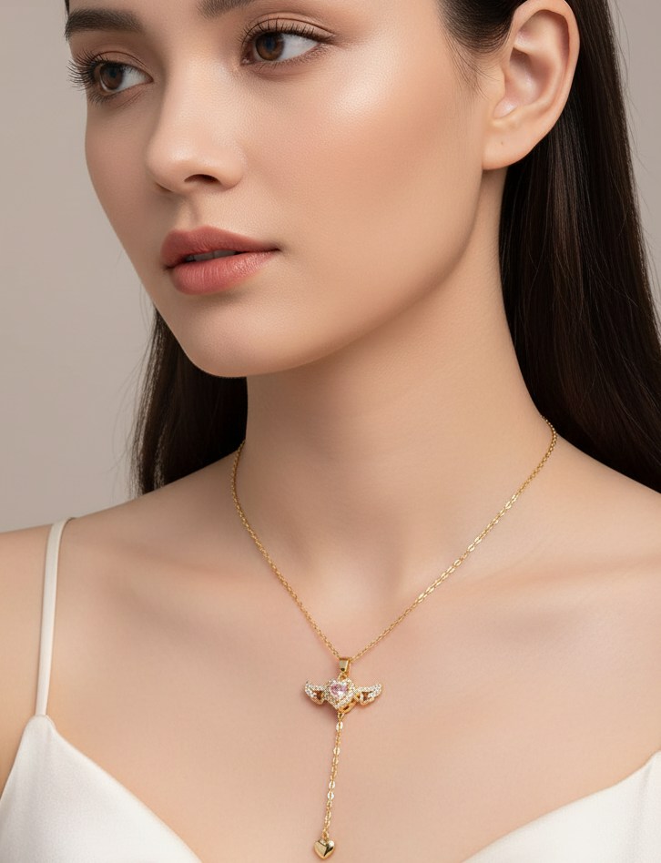 Jazz And Sizzle 18k Gold Plated Luxury Design Zircon Pink Stone Love Tassel Necklace