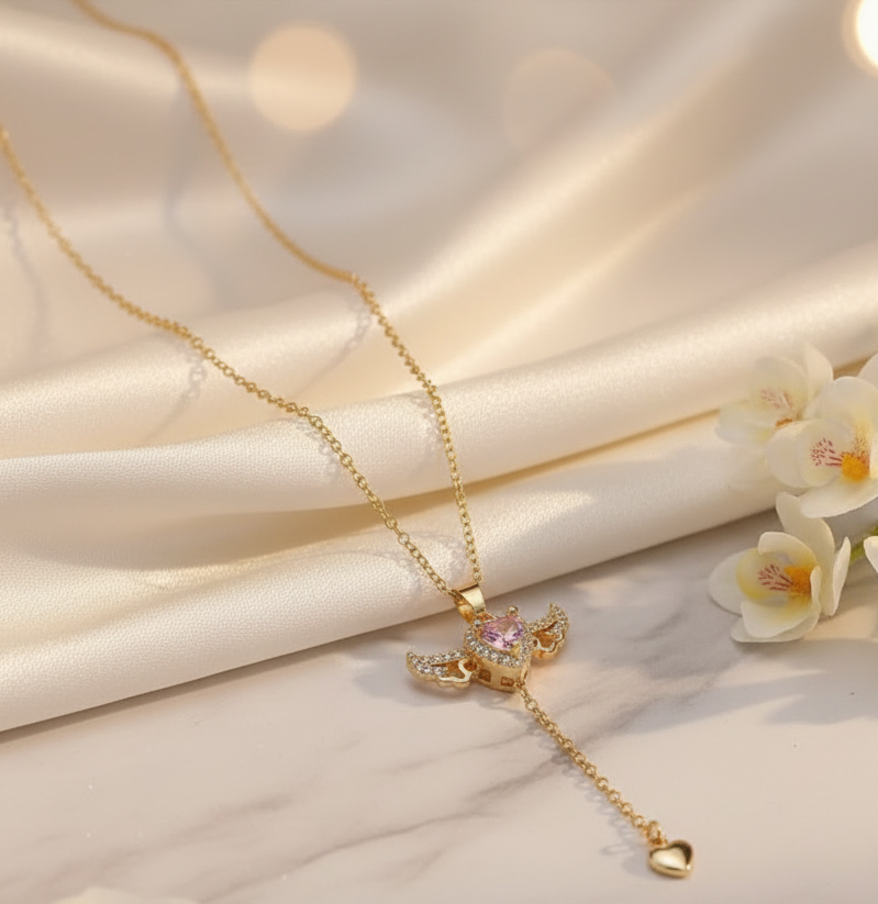 Jazz And Sizzle 18k Gold Plated Luxury Design Zircon Pink Stone Love Tassel Necklace
