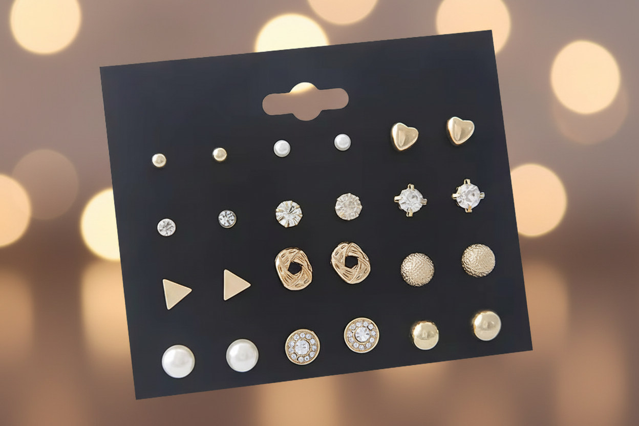 All Things Silver" Diamond Triangle Heart Inlaid 12 Pairs Stud Earrings