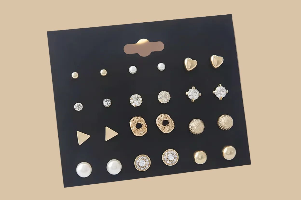 All Things Silver" Diamond Triangle Heart Inlaid 12 Pairs Stud Earrings