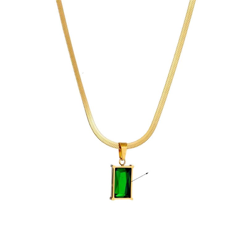 Fashion Jewelry Waterproof Minimalist Green Zirconia Pendant Snake Chain Necklace and Earrings