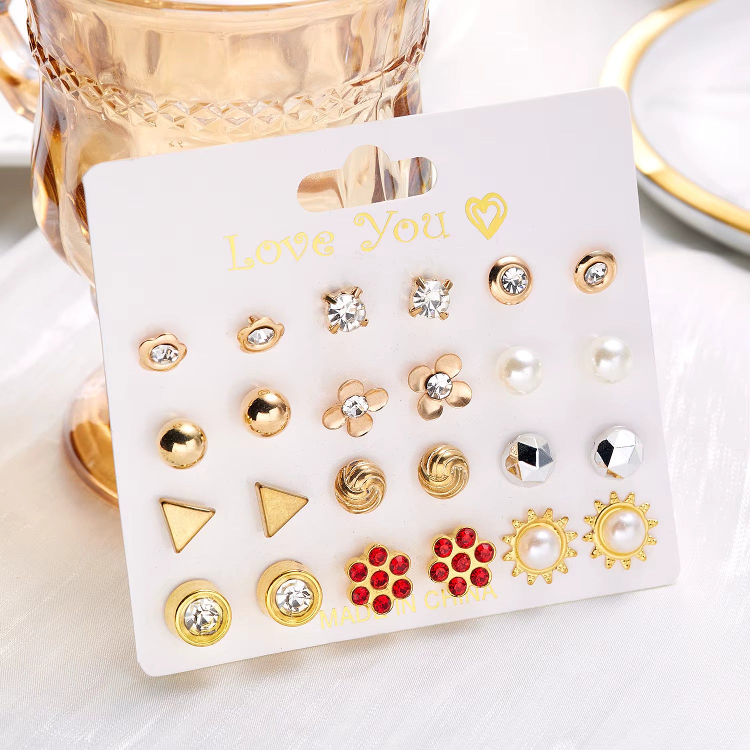 2026 New Alloy Combination 12 Pairs Flower Heart Strawberry Diamond Paper Card Set Tiny Stud Earrings