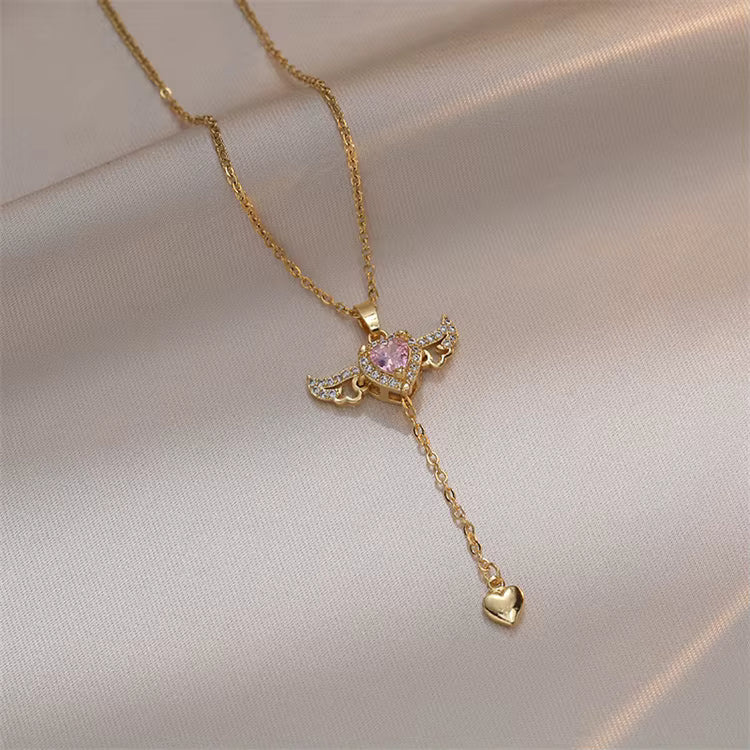 Jazz And Sizzle 18k Gold Plated Luxury Design Zircon Pink Stone Love Tassel Necklace