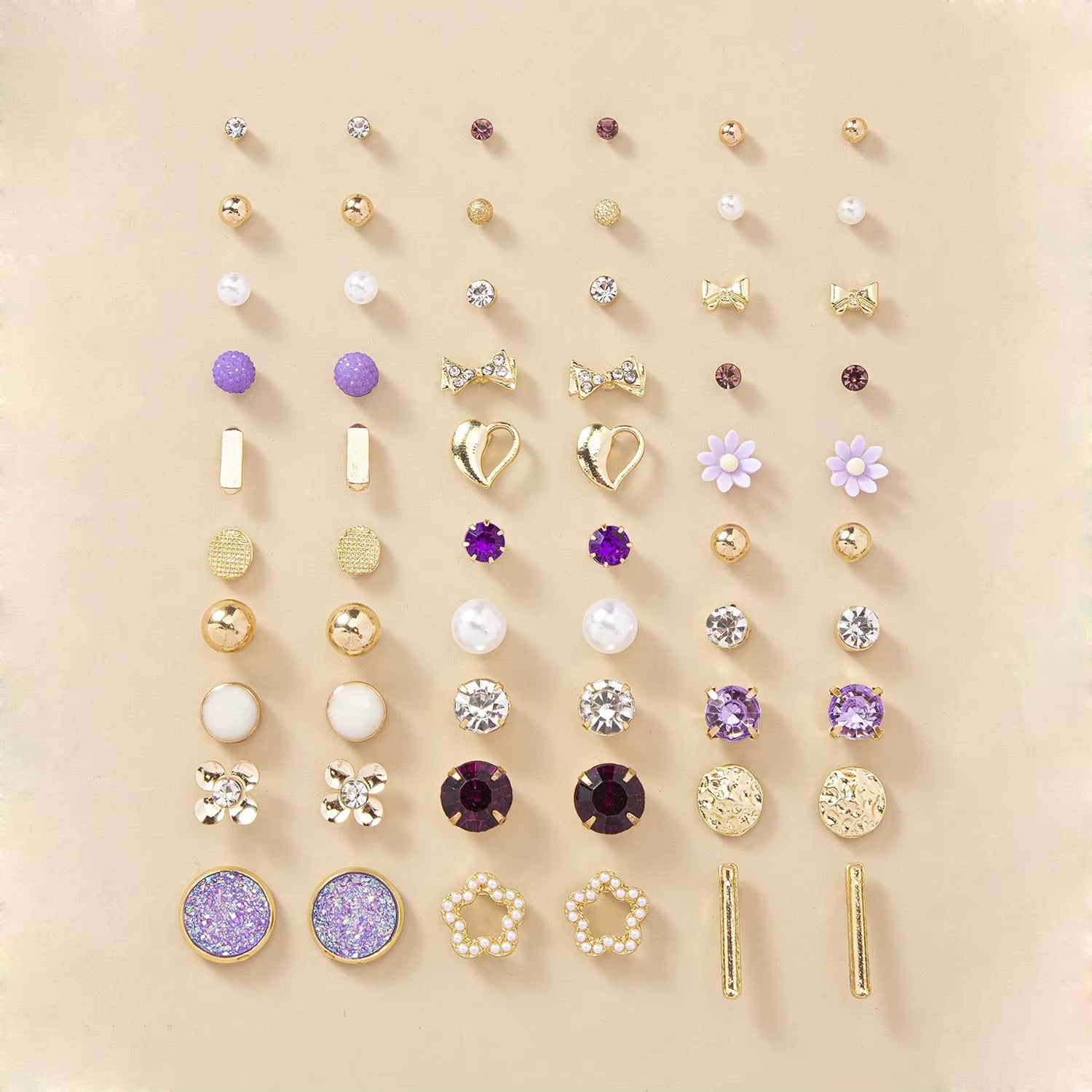 30 Pairs Advanced All-match Daily Earrings Purple Flower Pearl Geometric
