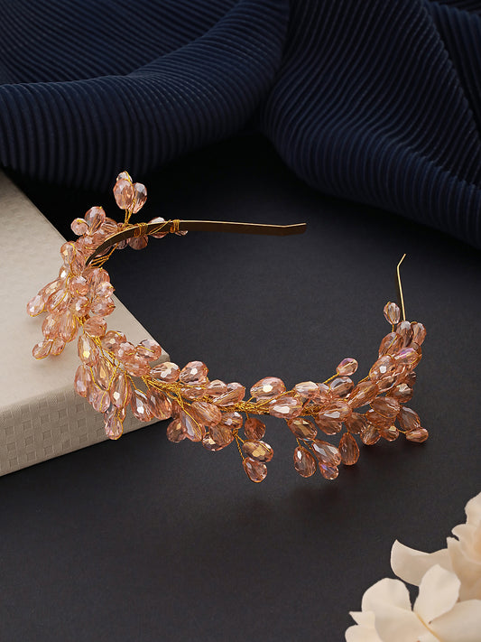 Gold-Toned Peach Pearl Studded Flower Tiara Hairband - Jazzandsizzle