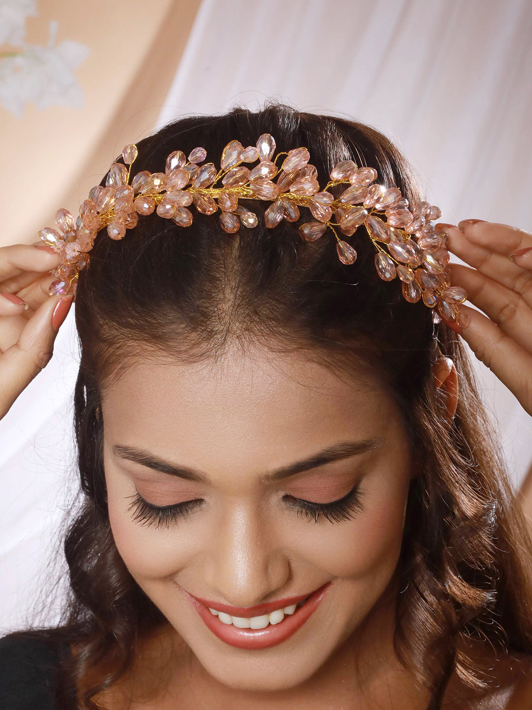 Gold-Toned Peach Pearl Studded Flower Tiara Hairband