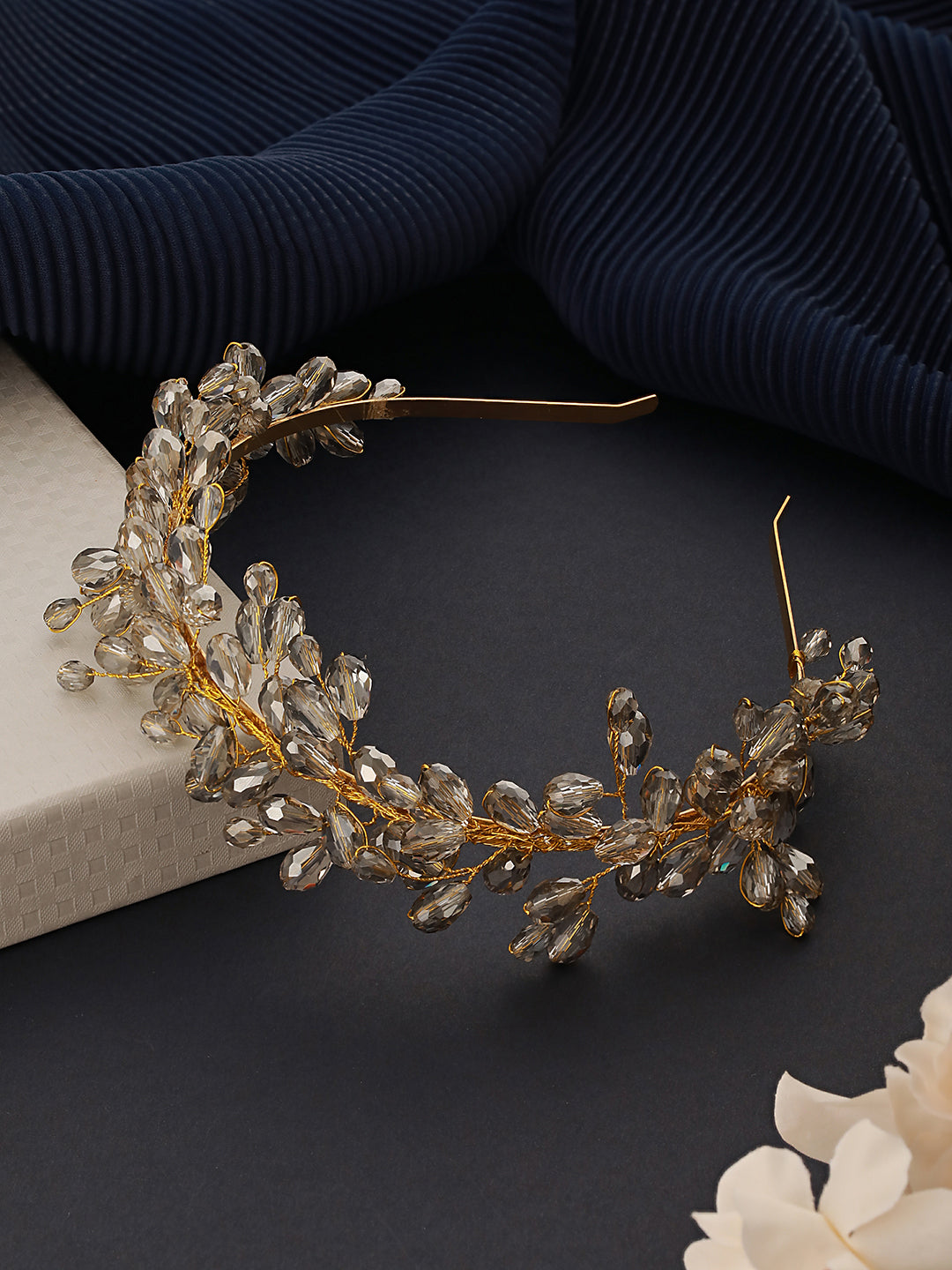 Gold-Toned Grey Pearl Studded Flower Tiara Hairband - Jazzandsizzle