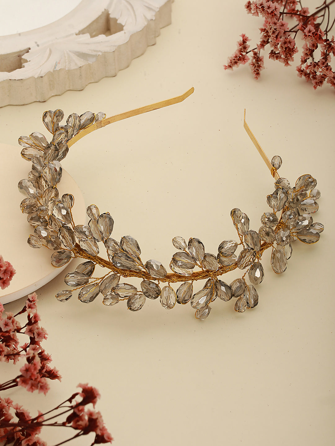 Gold-Toned Grey Pearl Studded Flower Tiara Hairband - Jazzandsizzle