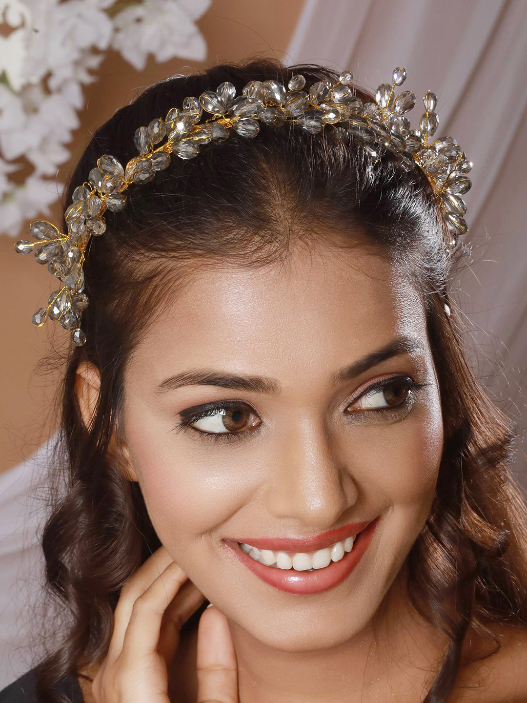 Gold-Toned Grey Pearl Studded Flower Tiara Hairband - Jazzandsizzle