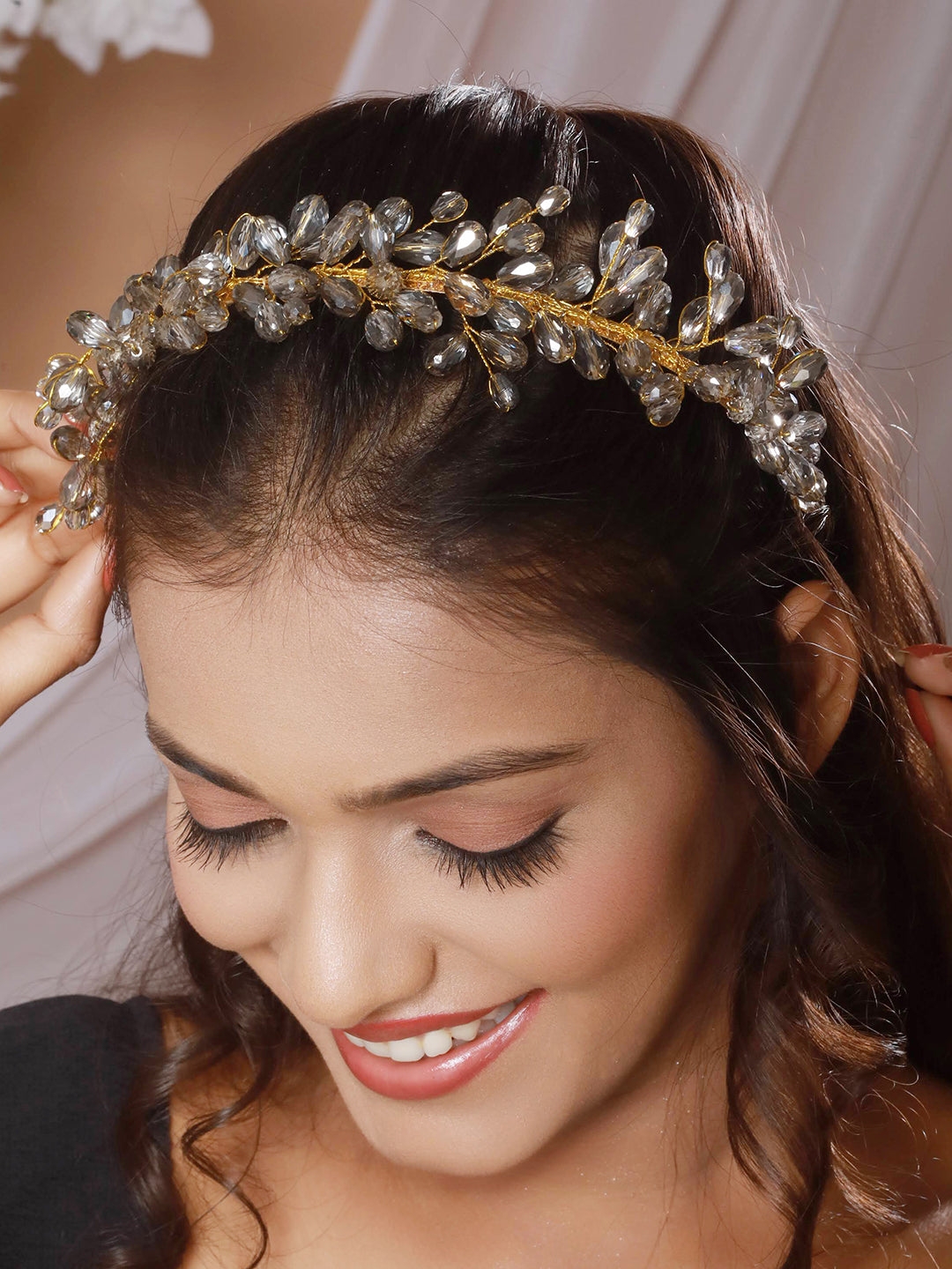 Gold-Toned Grey Pearl Studded Flower Tiara Hairband - Jazzandsizzle