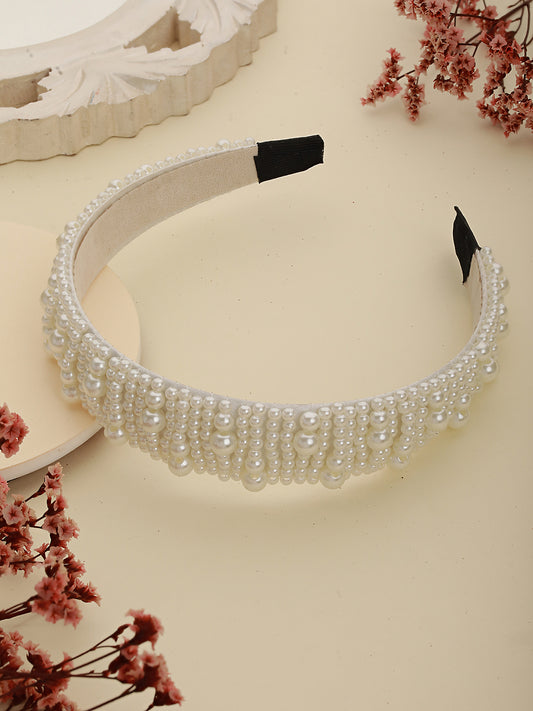 Gold-Toned & White Pearl Beaded Embellished Hairband - Jazzandsizzle