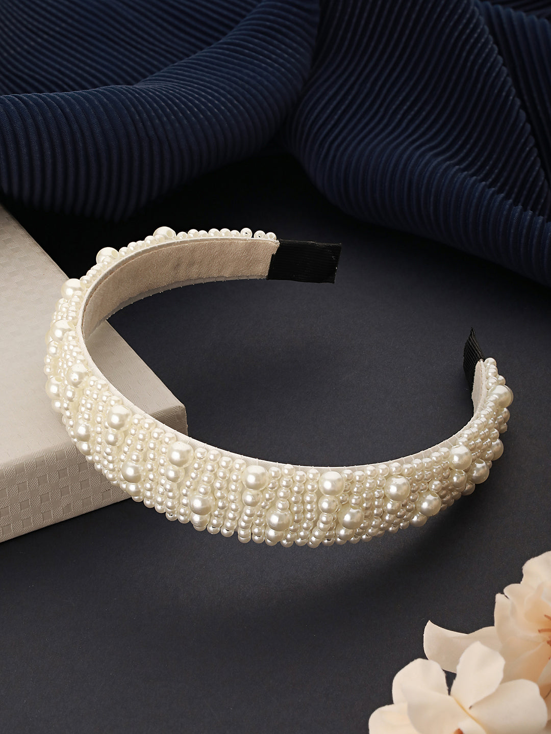 Gold-Toned & White Pearl Beaded Embellished Hairband - Jazzandsizzle