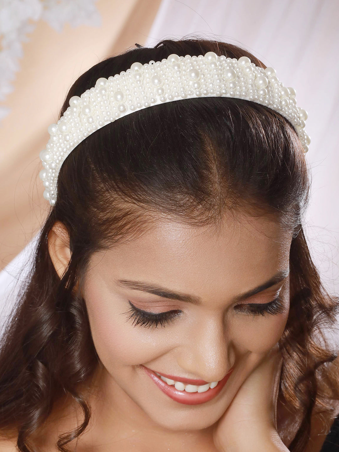 Gold-Toned & White Pearl Beaded Embellished Hairband - Jazzandsizzle