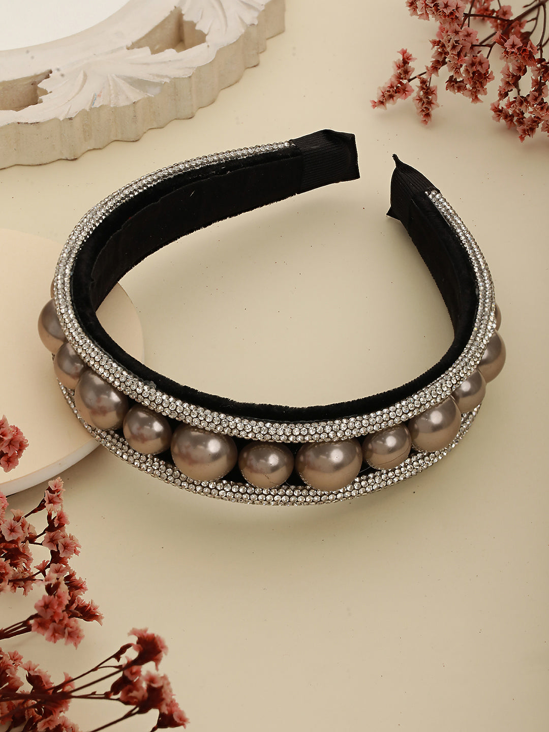 Black-Toned Metallic & CZ Studded Embellished Hairband - Jazzandsizzle