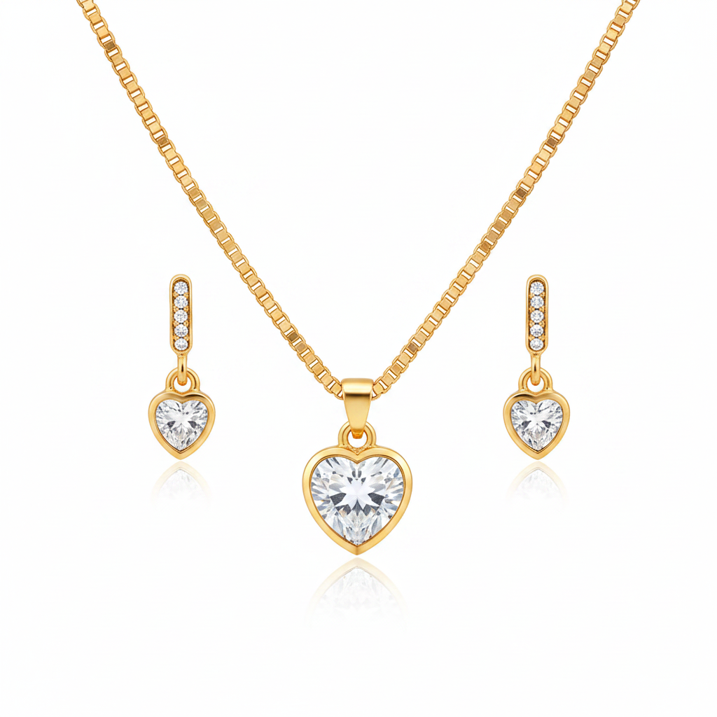 Jazz And Sizzle Gold Plated Heart Shaped Zircon Studded Necklace & Earrings Set