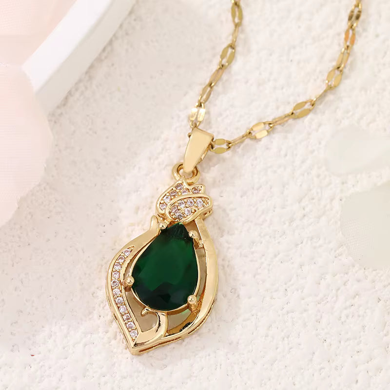 Gold Plated Green Teardrop Crystal Pendant Necklace for Women