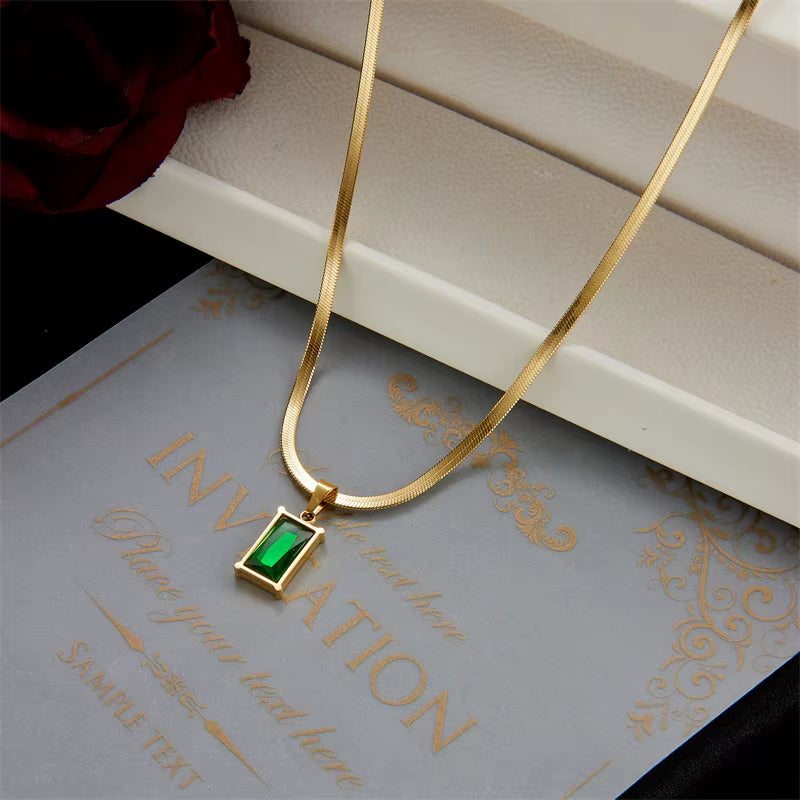 Fashion Jewelry Waterproof Minimalist Green Zirconia Pendant Snake Chain Necklace and Earrings