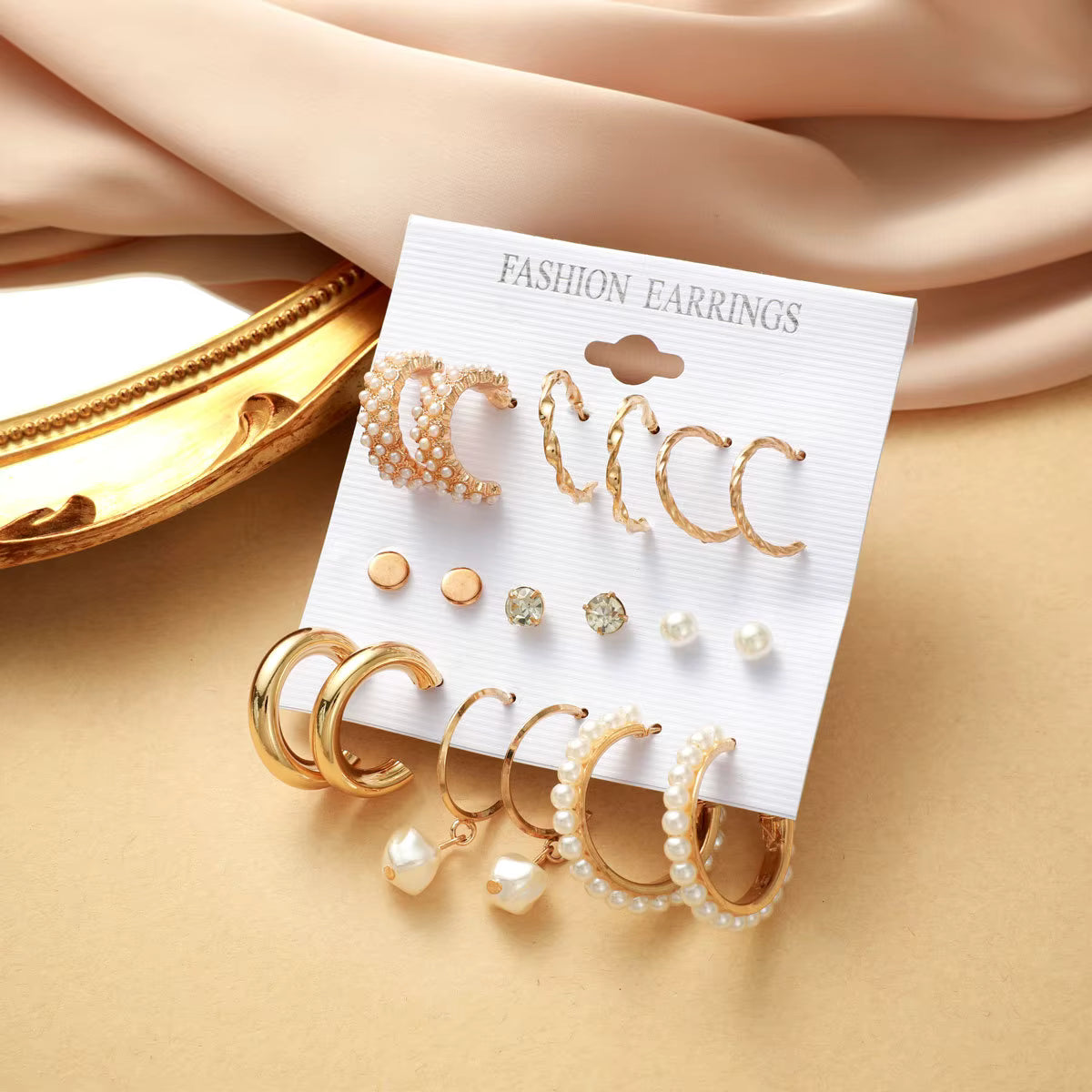 Set of 9 Gold Chunky Real Freshwater Pearl Hoops and Studs
