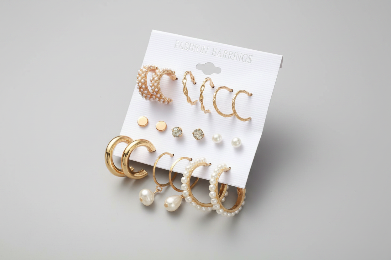 Set of 9 Gold Chunky Real Freshwater Pearl Hoops and Studs
